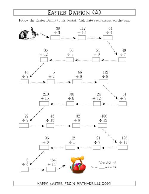 The Follow the Easter Bunny Division Facts with Dividends to 225 (A) Math Worksheet
