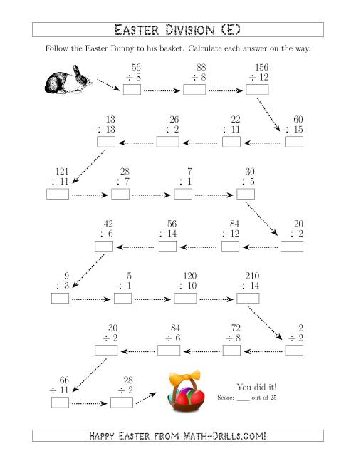 The Follow the Easter Bunny Division Facts with Dividends to 225 (E) Math Worksheet