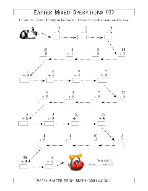The Follow the Easter Bunny 1-Digit Mixed Operations (B) Math Worksheet