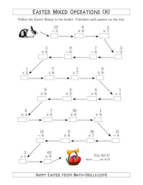 The Follow the Easter Bunny 1-Digit Mixed Operations (H) Math Worksheet
