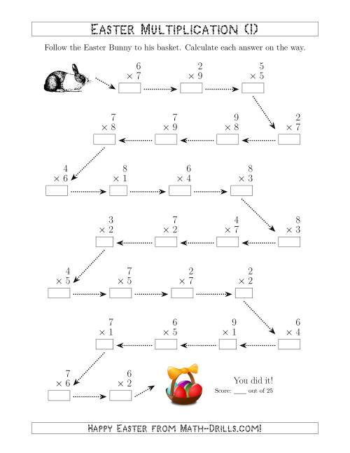 The Follow the Easter Bunny Multiplication Facts with Products to 81 (I) Math Worksheet