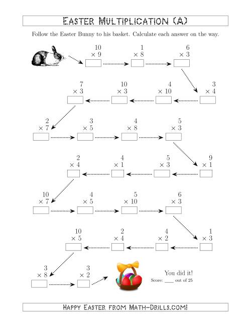 The Follow the Easter Bunny Multiplication Facts with Products to 100 (A) Math Worksheet
