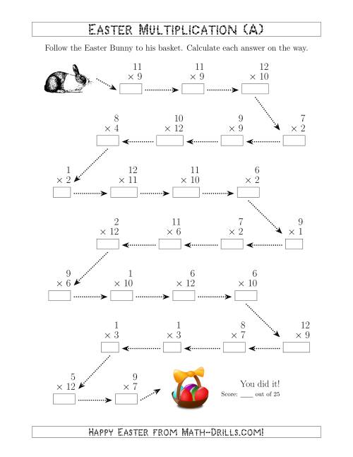 The Follow the Easter Bunny Multiplication Facts with Products to 144 (A) Math Worksheet