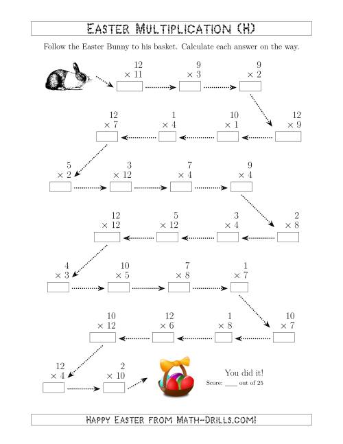 The Follow the Easter Bunny Multiplication Facts with Products to 144 (H) Math Worksheet
