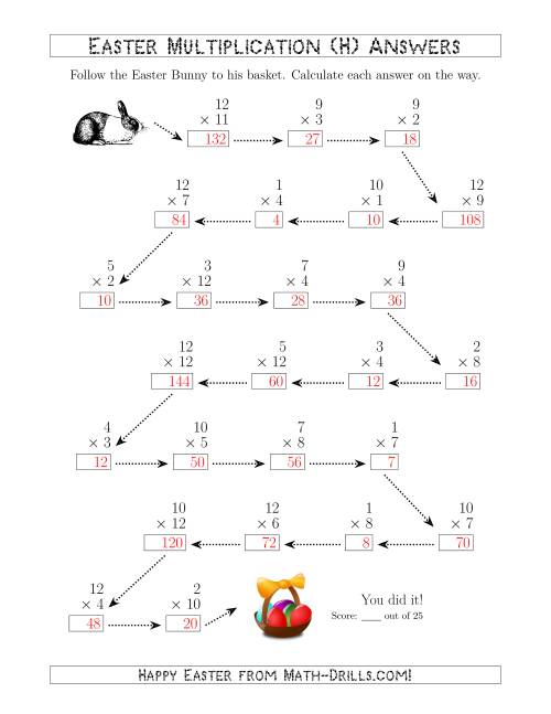 The Follow the Easter Bunny Multiplication Facts with Products to 144 (H) Math Worksheet Page 2
