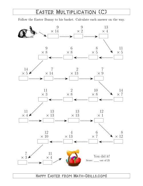 The Follow the Easter Bunny Multiplication Facts with Products to 225 (C) Math Worksheet