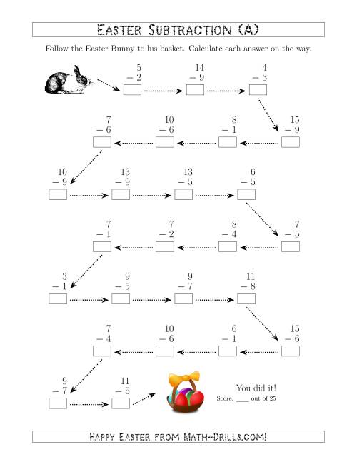 The Follow the Easter Bunny Subtraction with Minuends to 18 (A) Math Worksheet