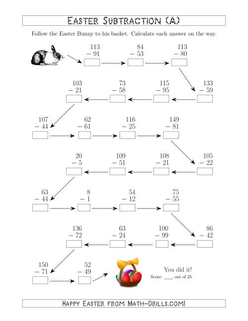 The Follow the Easter Bunny Subtraction with Minuends to 198 (A) Math Worksheet