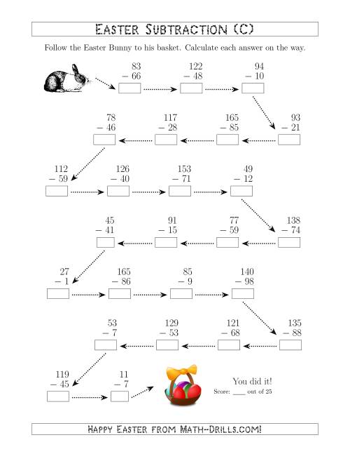 The Follow the Easter Bunny Subtraction with Minuends to 198 (C) Math Worksheet
