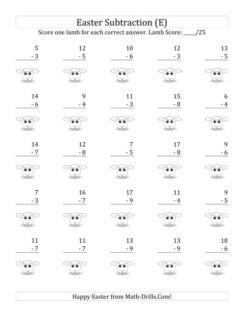 The Easter Subtraction with Easter Icon Scoring (Minuends to 18) (E) Math Worksheet