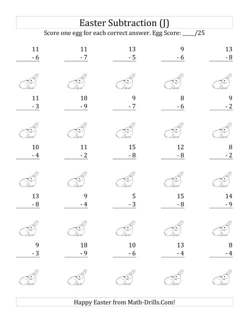The Easter Subtraction with Easter Icon Scoring (Minuends to 18) (J) Math Worksheet