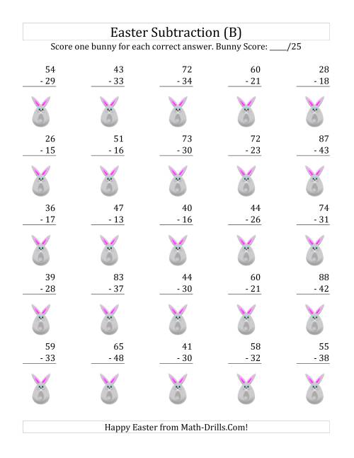 The Easter Subtraction with Easter Icon Scoring (Minuends to 98) (B) Math Worksheet