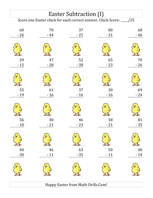 The Easter Subtraction with Easter Icon Scoring (Minuends to 98) (I) Math Worksheet