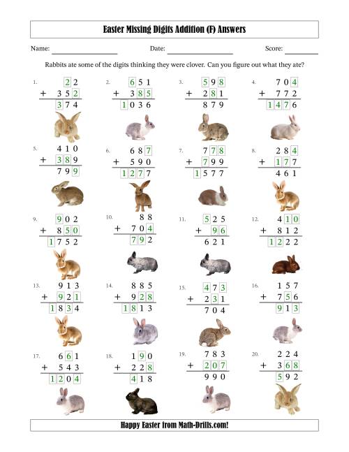 The Easter Missing Digits Addition (Easier Version) (F) Math Worksheet Page 2