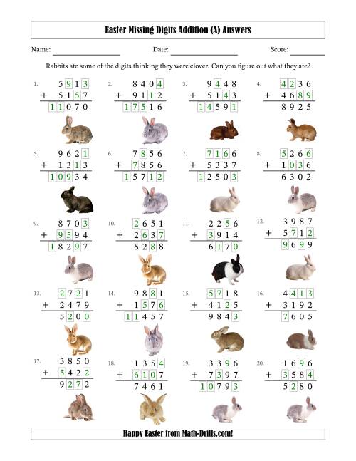 The Easter Missing Digits Addition (Harder Version) (A) Math Worksheet Page 2