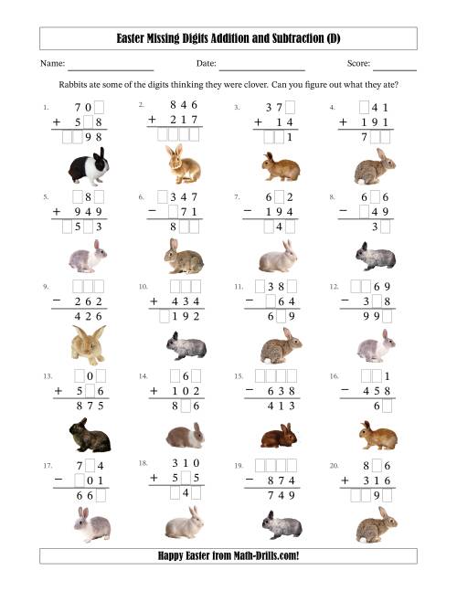 The Easter Missing Digits Addition and Subtraction (Easier Version) (D) Math Worksheet