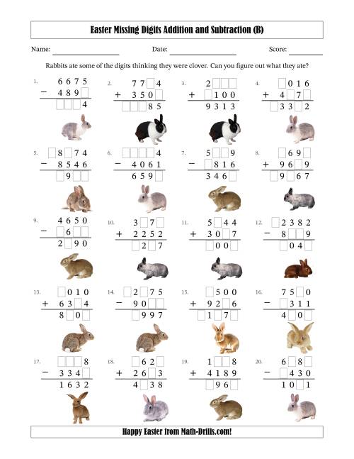 The Easter Missing Digits Addition and Subtraction (Harder Version) (B) Math Worksheet