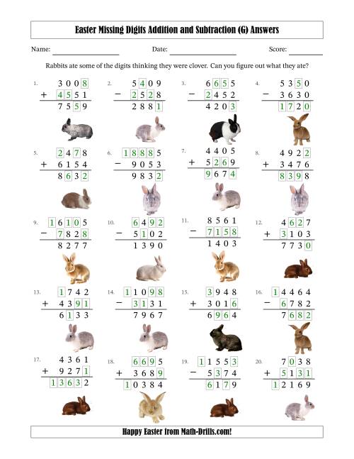 The Easter Missing Digits Addition and Subtraction (Harder Version) (G) Math Worksheet Page 2