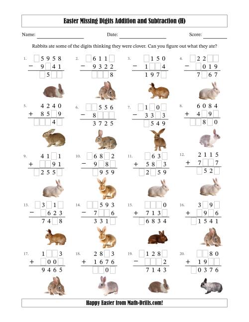 The Easter Missing Digits Addition and Subtraction (Harder Version) (H) Math Worksheet