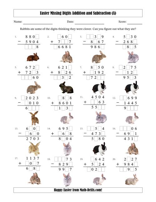 The Easter Missing Digits Addition and Subtraction (Harder Version) (All) Math Worksheet