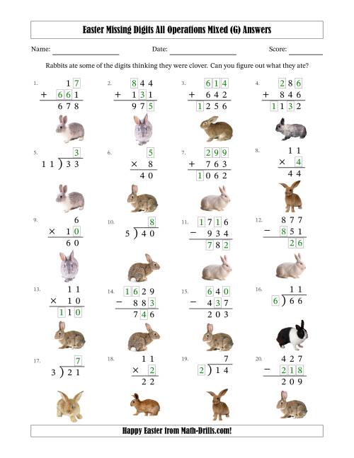 The Easter Missing Digits All Operations Mixed (Easier Version) (G) Math Worksheet Page 2