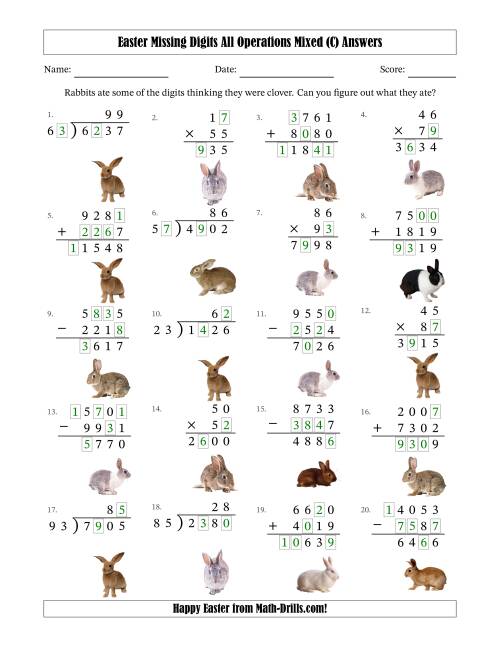 The Easter Missing Digits All Operations Mixed (Harder Version) (C) Math Worksheet Page 2