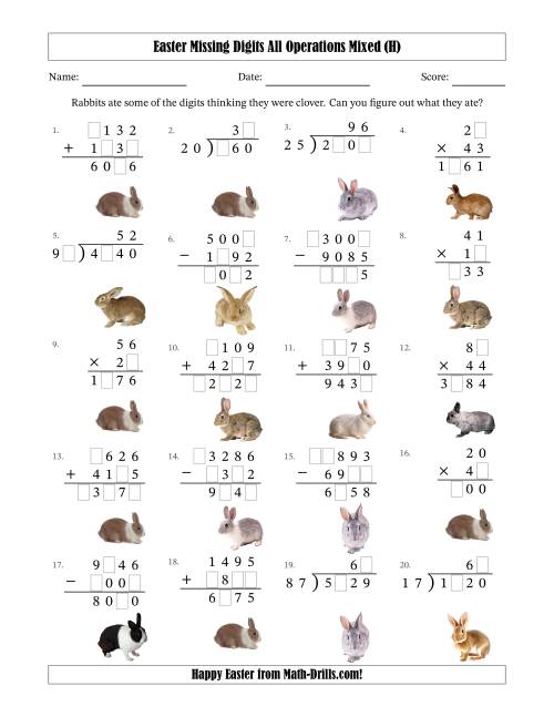 The Easter Missing Digits All Operations Mixed (Harder Version) (H) Math Worksheet