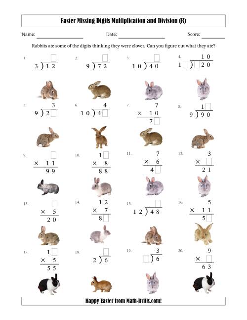 The Easter Missing Digits Multiplication and Division (Easier Version) (B) Math Worksheet