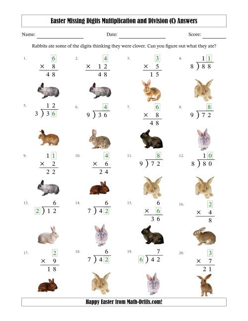 The Easter Missing Digits Multiplication and Division (Easier Version) (C) Math Worksheet Page 2