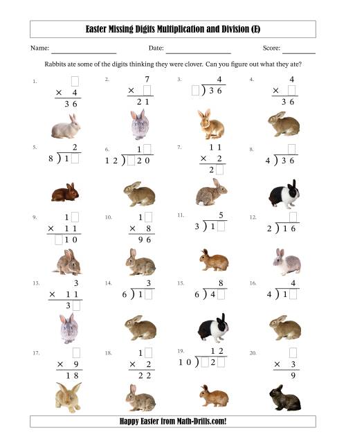 The Easter Missing Digits Multiplication and Division (Easier Version) (E) Math Worksheet