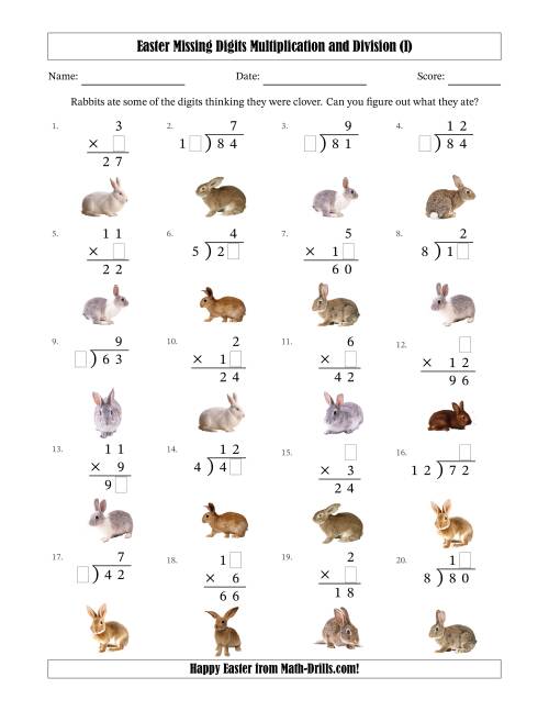 The Easter Missing Digits Multiplication and Division (Easier Version) (I) Math Worksheet