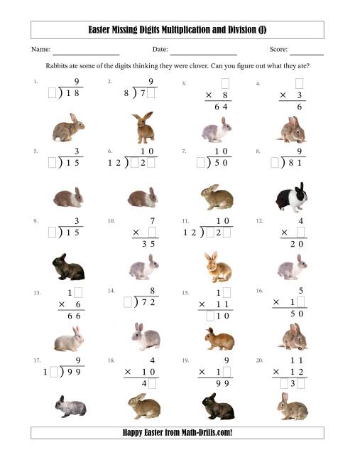 The Easter Missing Digits Multiplication and Division (Easier Version) (J) Math Worksheet