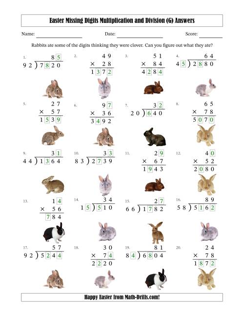 The Easter Missing Digits Multiplication and Division (Harder Version) (G) Math Worksheet Page 2