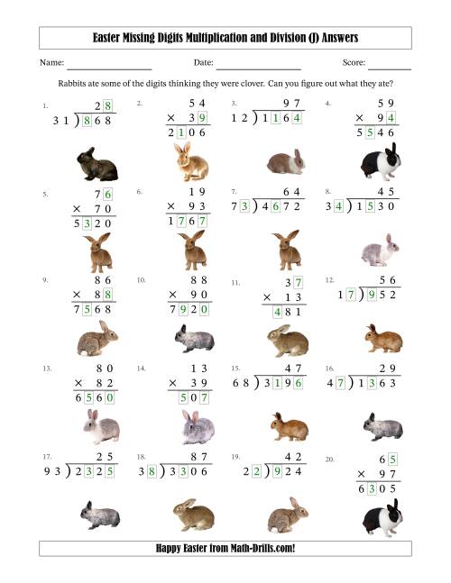 The Easter Missing Digits Multiplication and Division (Harder Version) (J) Math Worksheet Page 2