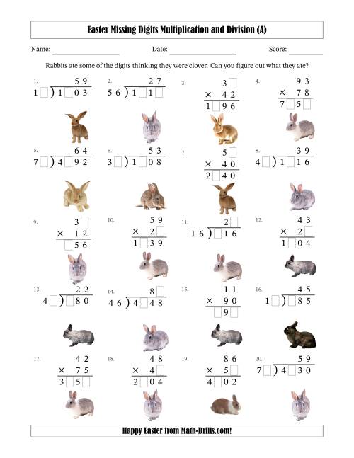 The Easter Missing Digits Multiplication and Division (Harder Version) (All) Math Worksheet