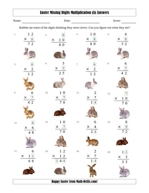 The Easter Missing Digits Multiplication (Easier Version) (A) Math Worksheet Page 2