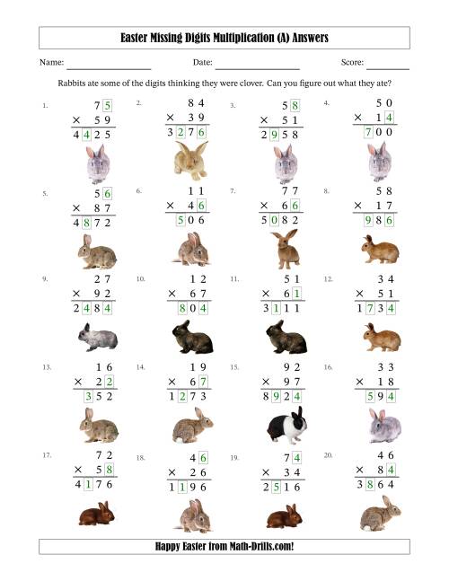 The Easter Missing Digits Multiplication (Harder Version) (A) Math Worksheet Page 2