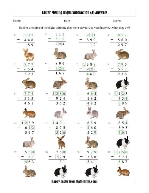 The Easter Missing Digits Subtraction (Easier Version) (All) Math Worksheet Page 2
