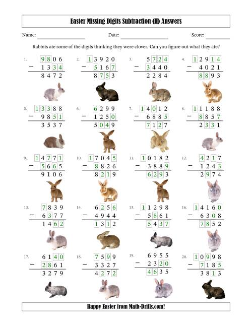 The Easter Missing Digits Subtraction (Harder Version) (H) Math Worksheet Page 2
