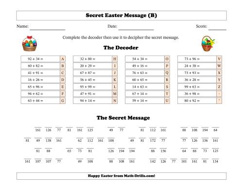 The Secret Easter Message Two-Digit Addition Easter Basket Math Worksheet