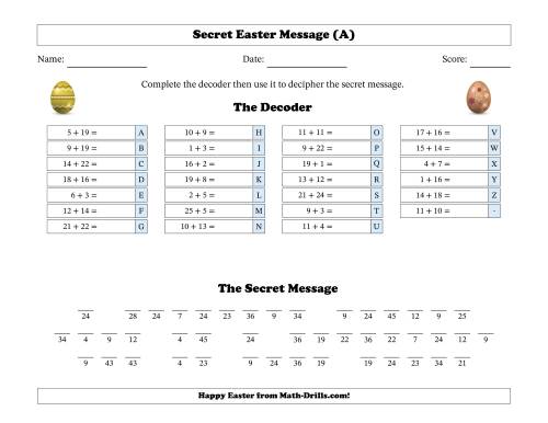 The Secret Easter Message Addends 1 to 25 Chocolate Eggs Math Worksheet