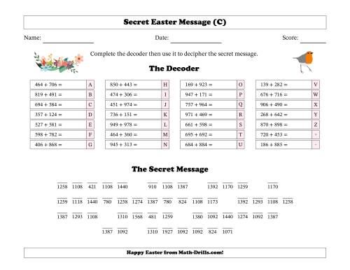 The Secret Easter Message Three-Digit Addition Spring Math Worksheet