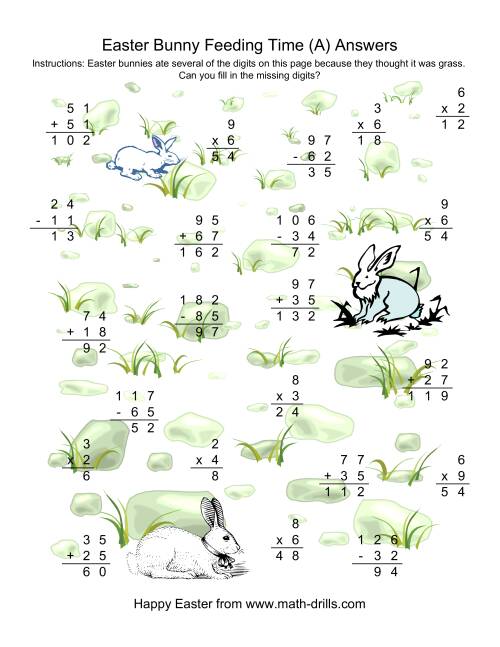 The Easter Bunny Feeding Time -- Mixed Operations Missing Digits (A) Math Worksheet Page 2