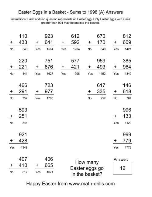 The Easter Addition Sums to 1998 (Old) Math Worksheet Page 2