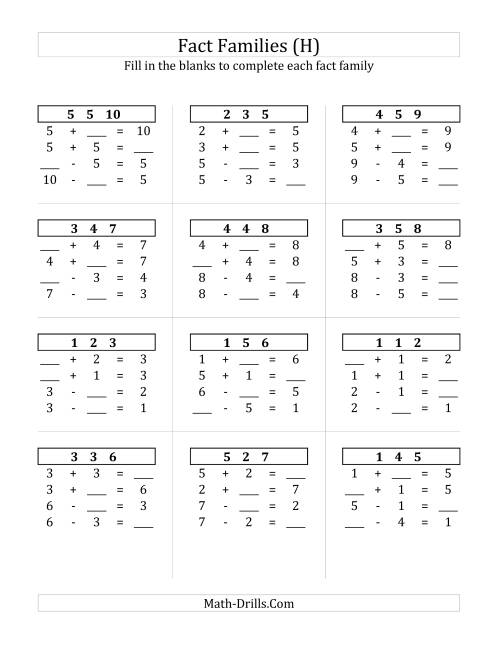 The Addition and Subtraction Relationships with Sums to 10 (H) Math Worksheet
