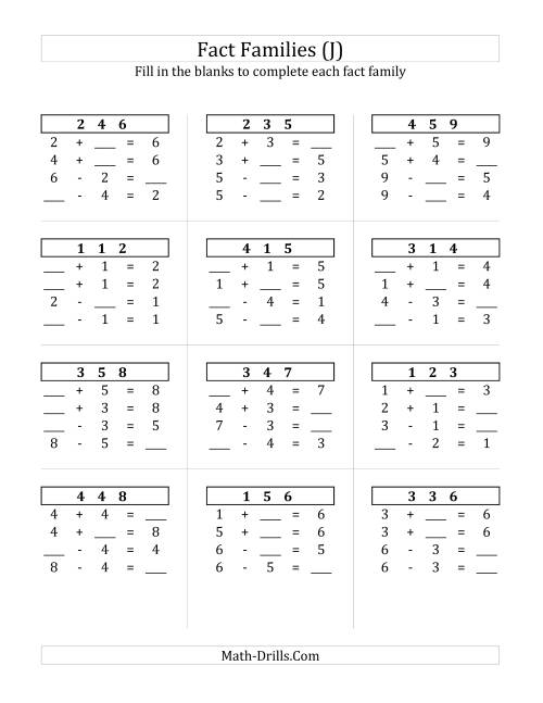 The Addition and Subtraction Relationships with Sums to 10 (J) Math Worksheet