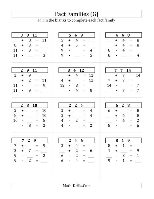 The Addition and Subtraction Relationships with Sums to 18 (G) Math Worksheet