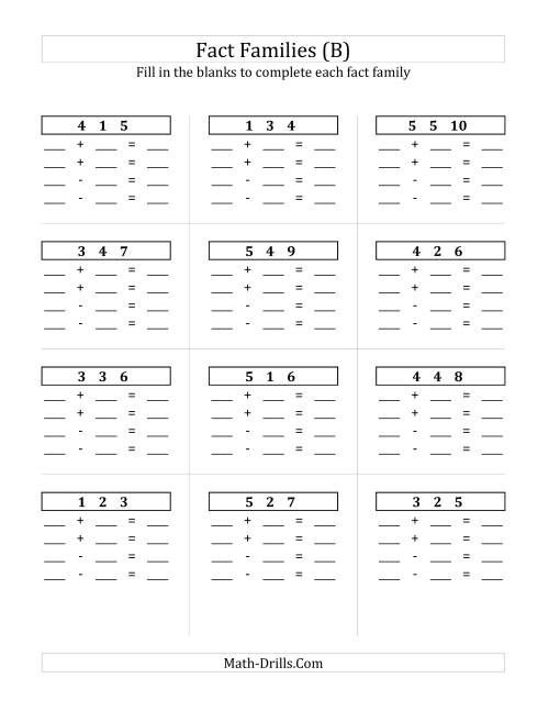 The Addition and Subtraction Relationships with Sums to 10 and All Blank (B) Math Worksheet