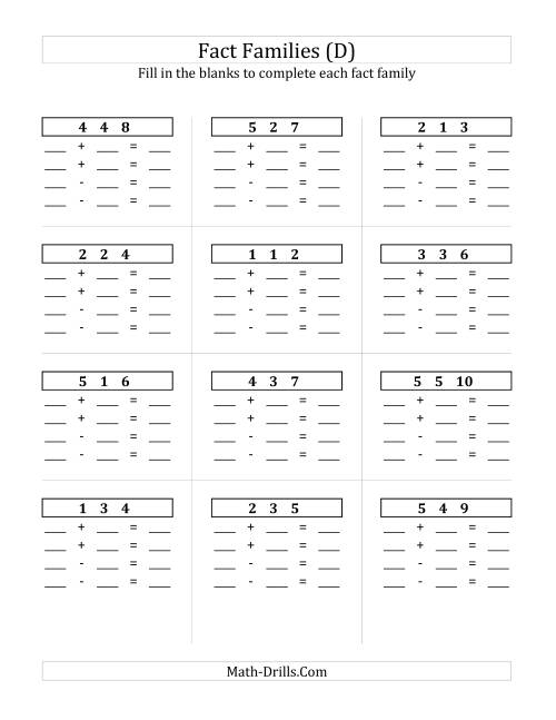The Addition and Subtraction Relationships with Sums to 10 and All Blank (D) Math Worksheet