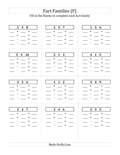 The Addition and Subtraction Relationships with Sums to 10 and All Blank (F) Math Worksheet